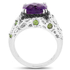 3.27 Carat Genuine Amethyst, Chrome Diopside & Black Diamond .925 Sterling Silver Ring