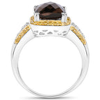 3.48 Carat Genuine Smoky Quartz, Yellow Diamond and White Diamond .925 Sterling Silver Ring