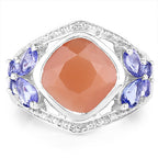 4.67 Carat Genuine Peach Moonstone and Tanzanite .925 Sterling Silver Ring