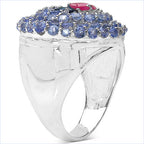 3.31 Carat Genuine London Blue Topaz , Ruby & Tanzanite .925 Sterling Silver Ring