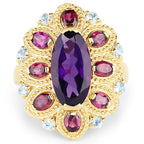 14K Yellow Gold Plated 6.80 Carat Genuine Amethyst, Rhodolite & Blue Topaz .925 Sterling Silver Ring
