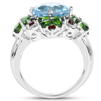 5.76 Carat Genuine Blue Topaz, Chrome Diopside & Garnet .925 Sterling Silver Ring