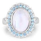 7.21 Carat Genuine White Rainbow Moonstone & Swiss Blue Topaz .925 Sterling Silver Ring