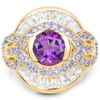 14K Yellow Gold Plated 3.93 Carat Genuine Amethyst, Tanzanite and White Topaz .925 Sterling Silver Ring