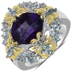 3.91 Carat Genuine Amethyst, Blue Topaz & White Diamond .925 Sterling Silver Ring