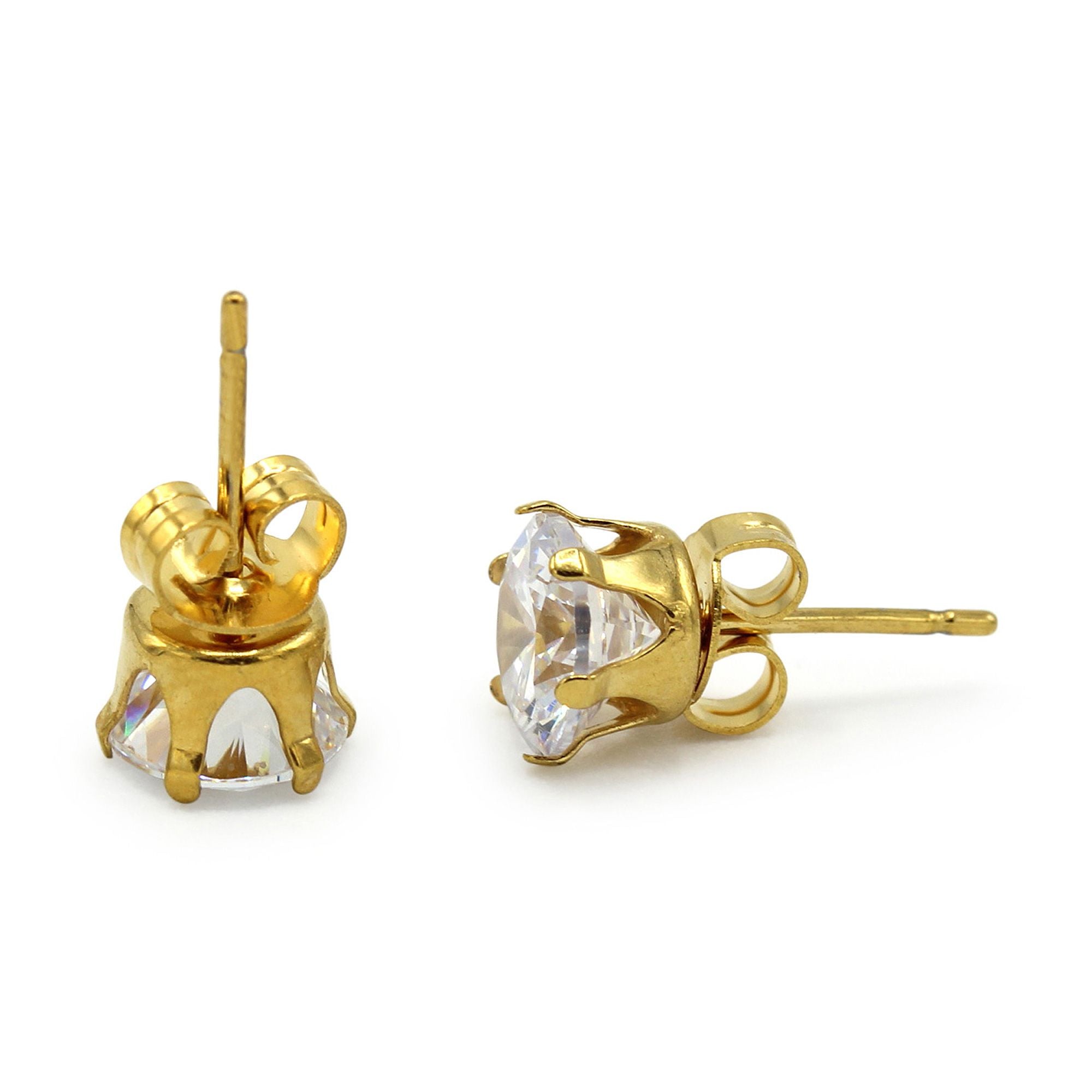 Cubic Zirconia Round 14K Gold Plated Stud Earrings Set Of 2 Stainless Steel Jewelry Men Women