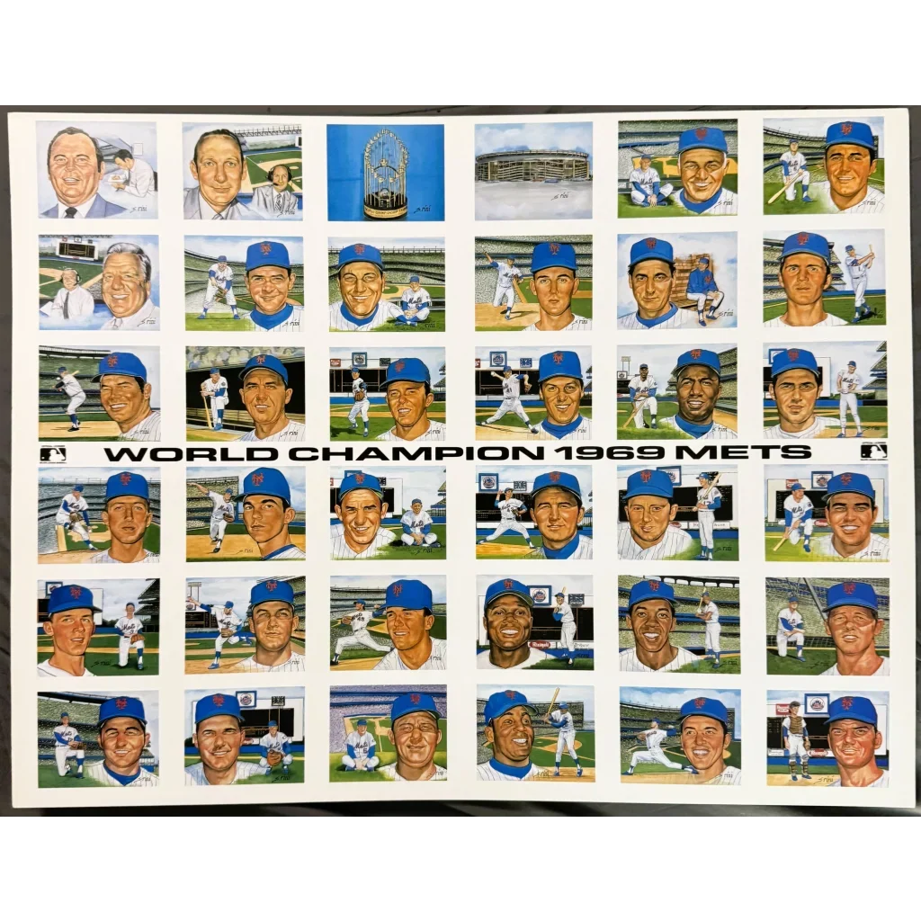 Vintage Susan Rini World Champion 1969 Miracle Mets Uncut Postcard Sheet ⚾ Tom Seaver Nolan Ryan, Historic Limited Editions MLB Licensed Art
