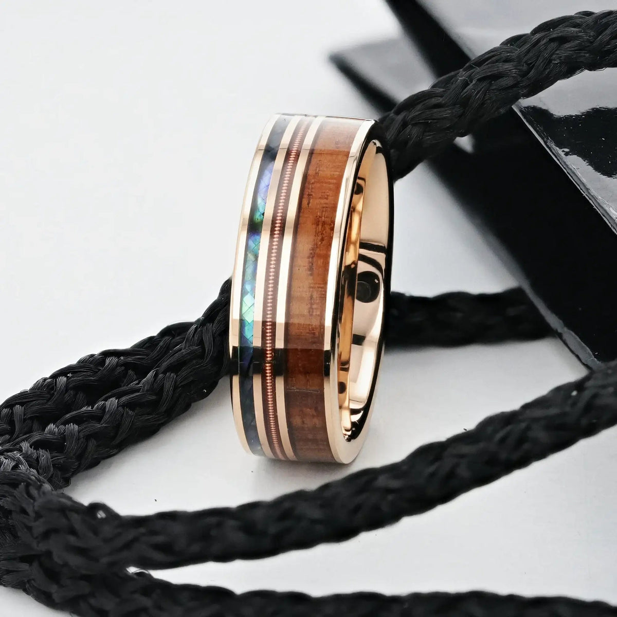 MOANA Smoked Rose Gold Tungsten Ring with Hawaiian Koa Wood, Abalone Shell & Guitar String – 8mm