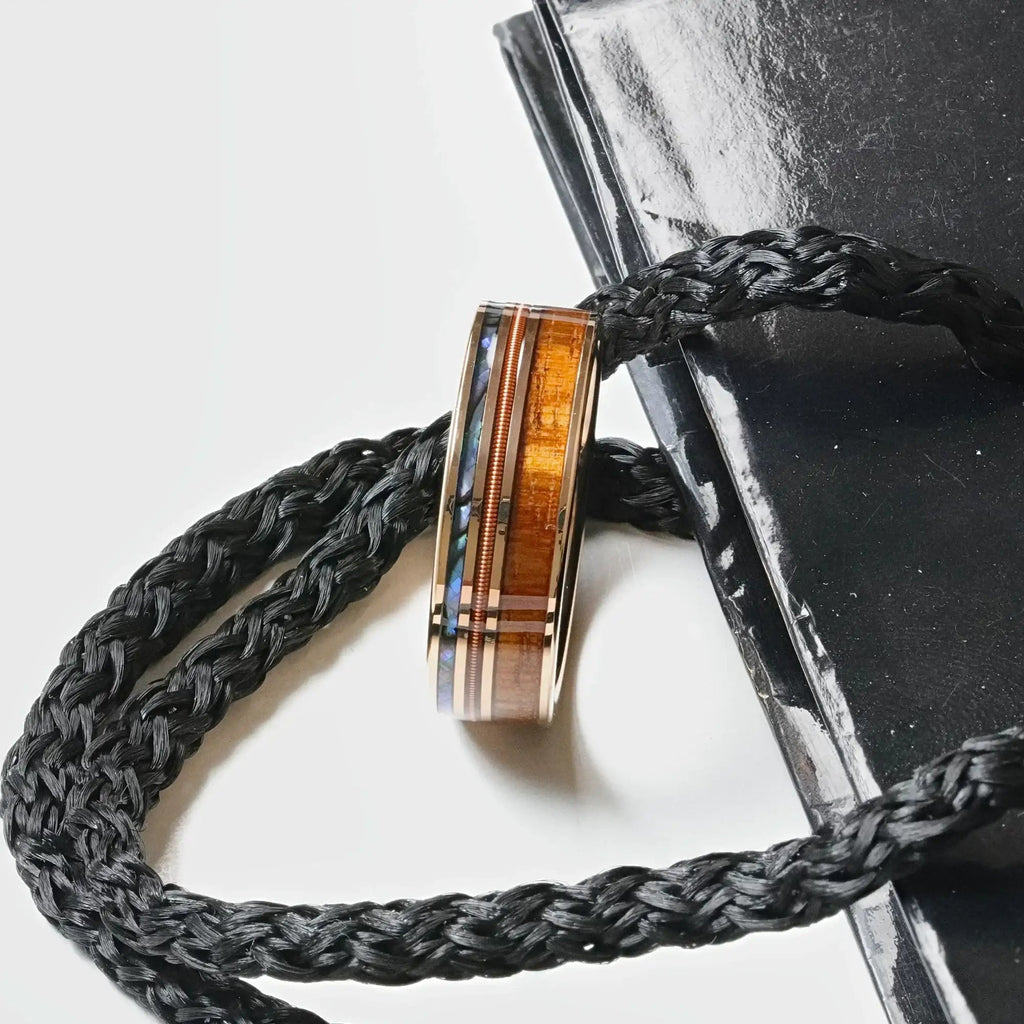 MOANA Smoked Rose Gold Tungsten Ring with Hawaiian Koa Wood, Abalone Shell & Guitar String – 8mm