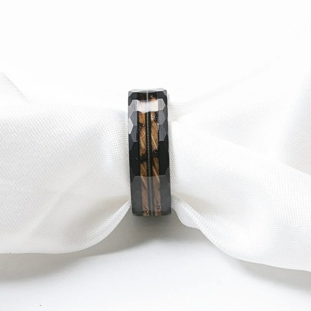 RIFF Black Tungsten Ring with Charred Whiskey Barrel Wood and Guitar String, 8mm