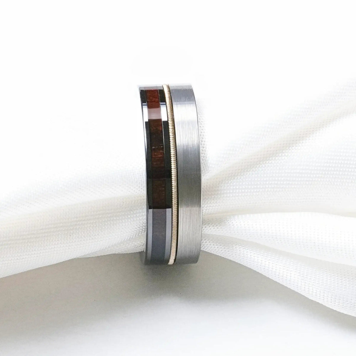 SLATE 8mm Tungsten & Black Ceramic Hybrid Ring with Steel Guitar String and Ebony Wood Inlay