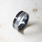 SLATE 8mm Tungsten & Black Ceramic Hybrid Ring with Steel Guitar String and Ebony Wood Inlay