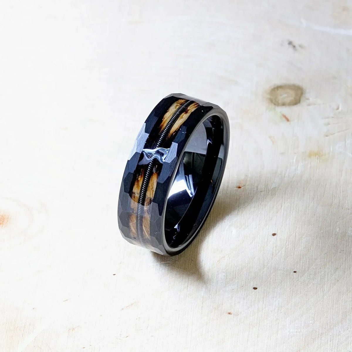 RIFF Black Tungsten Ring with Charred Whiskey Barrel Wood and Guitar String, 8mm
