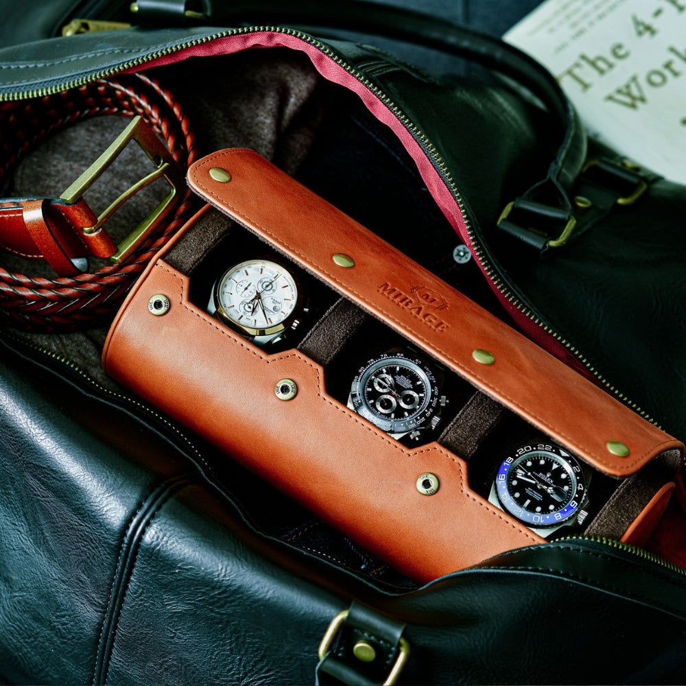 3 Watch Travel Case Full-grain Leather Watch Roll (Tawny Brown)