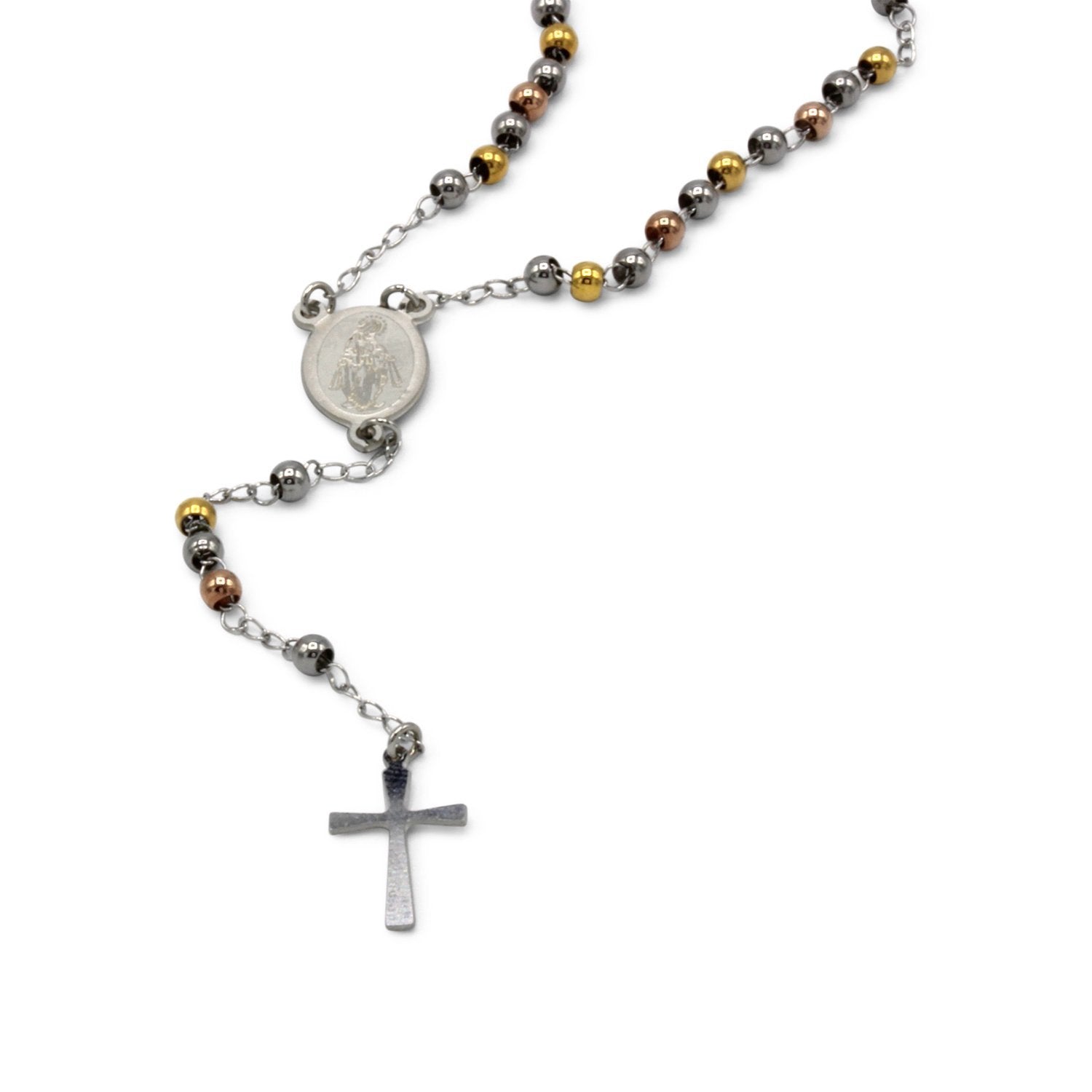 Traditional Tri Tone Rosary Necklace Five Decade Catholic Prayer Beads 3 mm