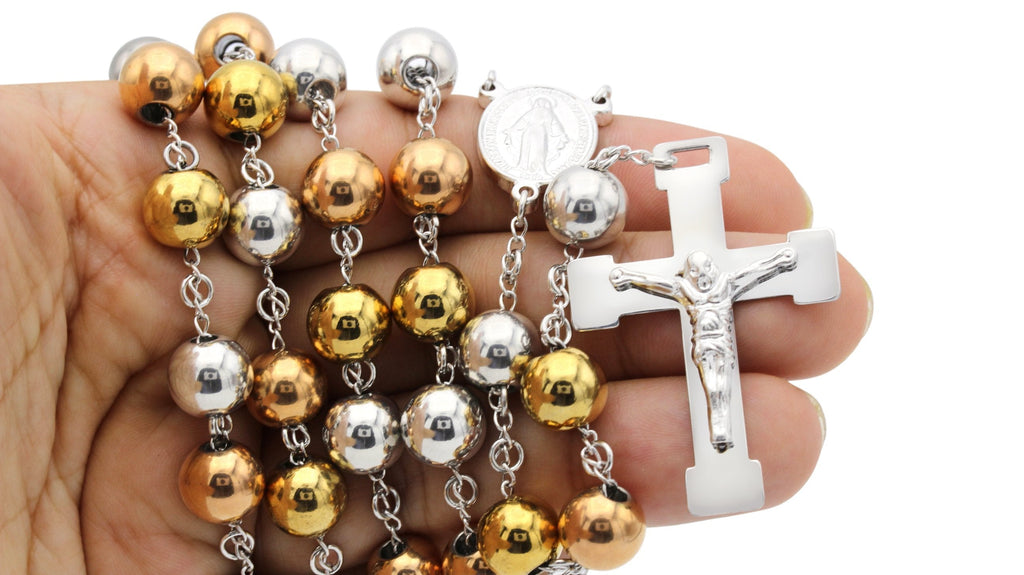 Traditional Tri Tone Rosary Necklace Five Decade Catholic Prayer Beads 10 mm