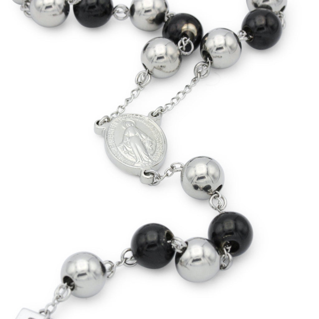 Traditional Rosary Necklace Five Decade Silver Black Catholic Prayer Beads 10 mm