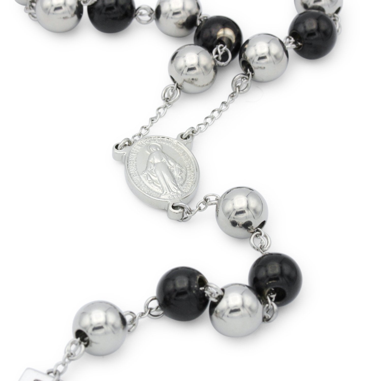 Traditional Rosary Necklace Five Decade Silver Black Catholic Prayer Beads 10 mm