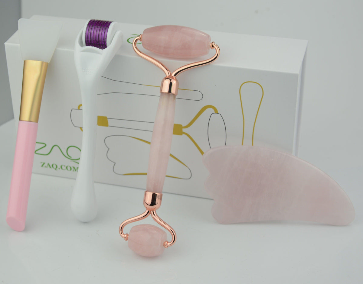 ZAQ Rose Facial Roller, Gua Sha, Brush and DERMA ROLLER Set