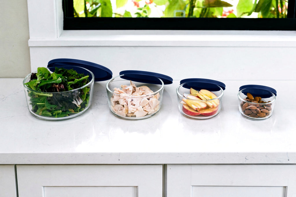 8 Piece Set (4 Containers + 4 Lids) Round Nesting Glass Storage Containers, Blue