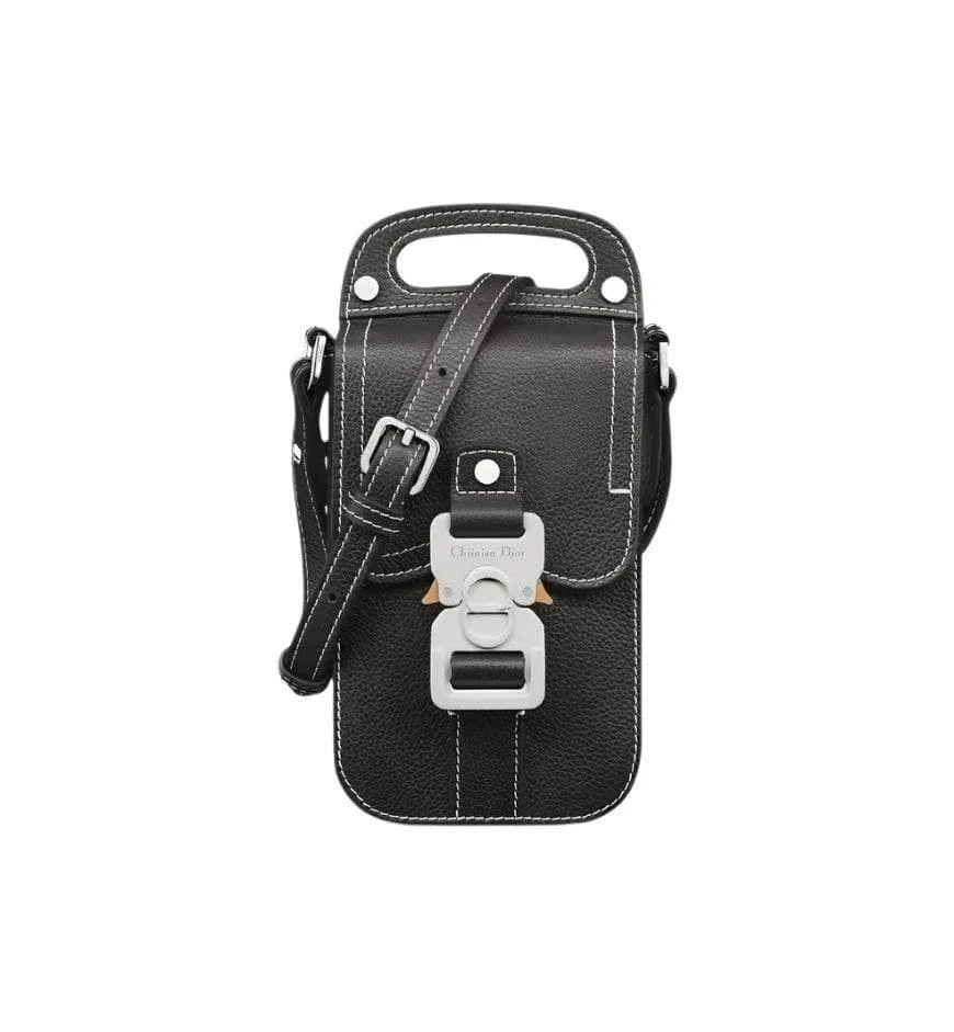Saddle Vertical Pouch with Strap Black Dior Oblique Jacquard with Black Grained Calfskin