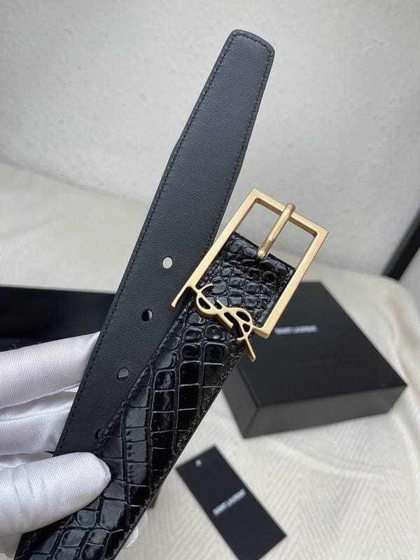 Saint Laurent Classic Monogram Square Buckle Belt Crocodile Embossed Leather