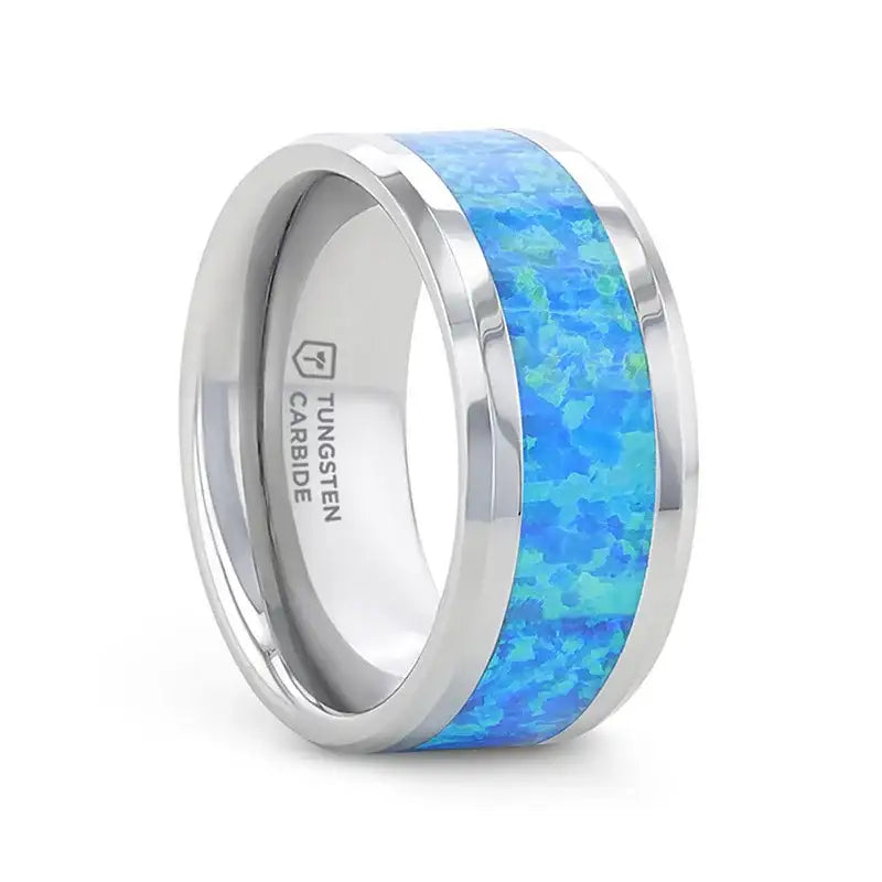 QUASAR Tungsten Wedding Band with Blue Green Opal Inlay - 4mm - 10mm