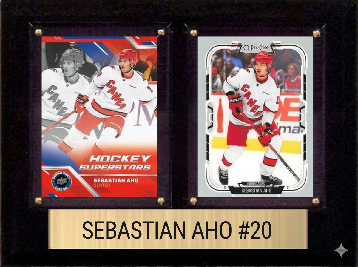 Sebastian Aho Carolina Hurricanes Fan Gift Plaque 6x8 2 Cards Upper Deck 2024 2025 2026