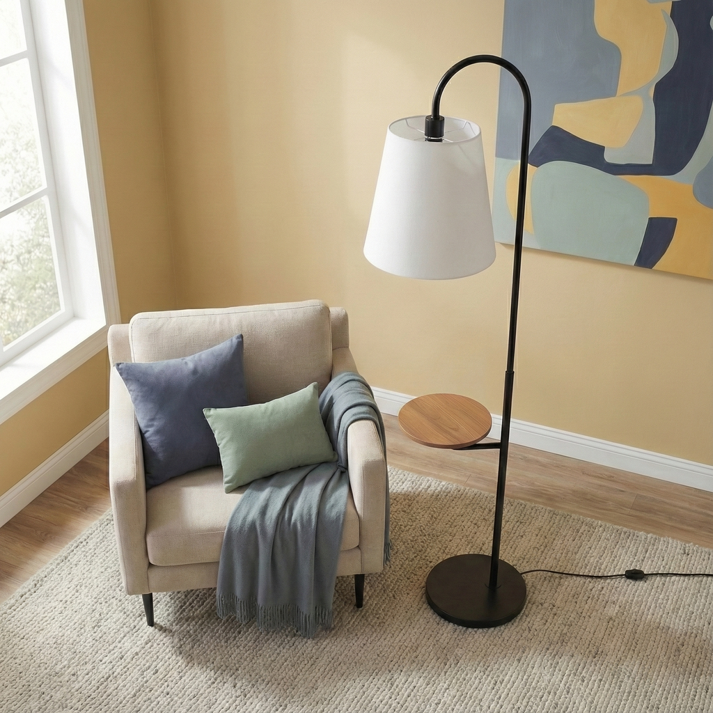Seoul Black Floor Lamp with Rotary Switch Wood Table Metal Base