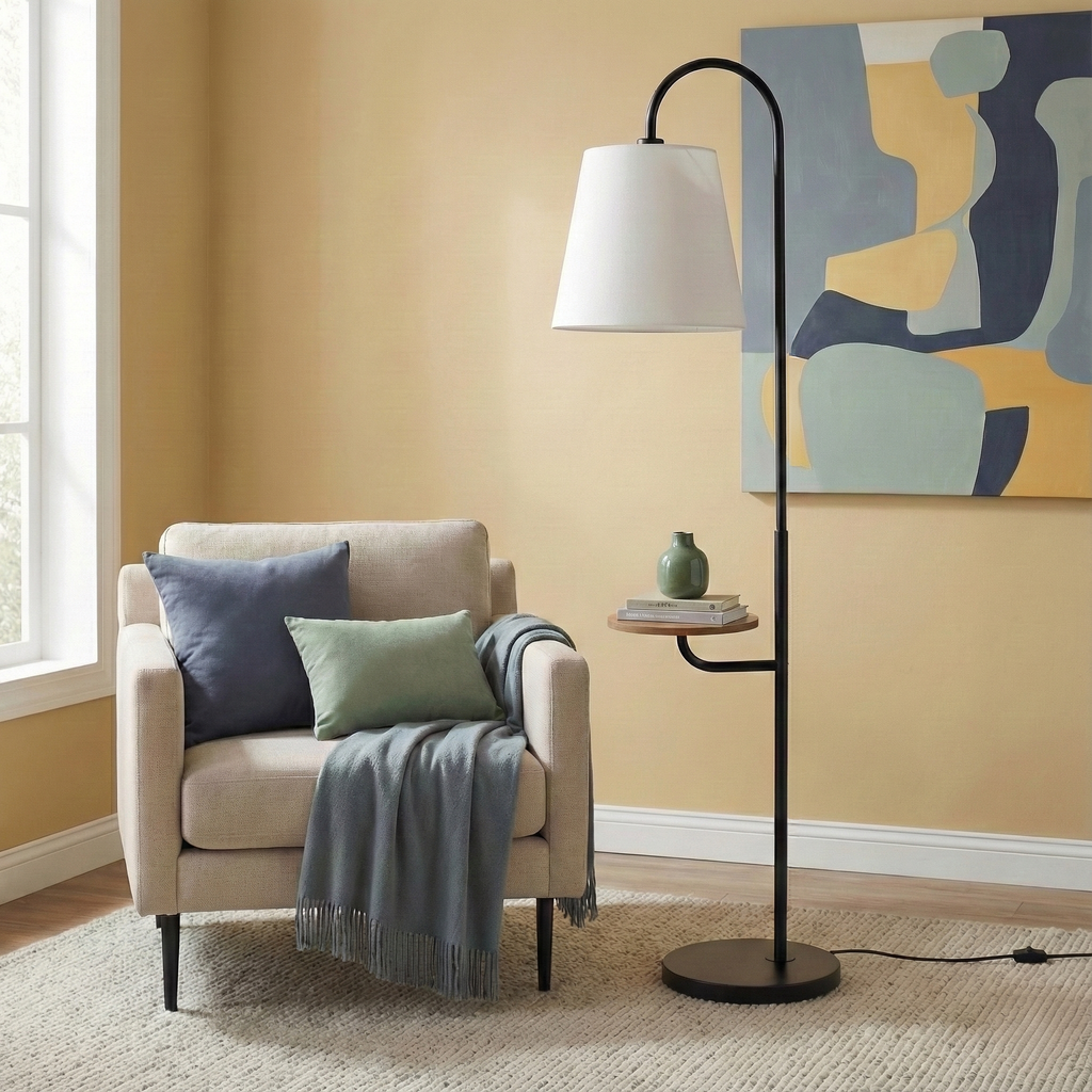 Seoul Black Floor Lamp with Rotary Switch Wood Table Metal Base