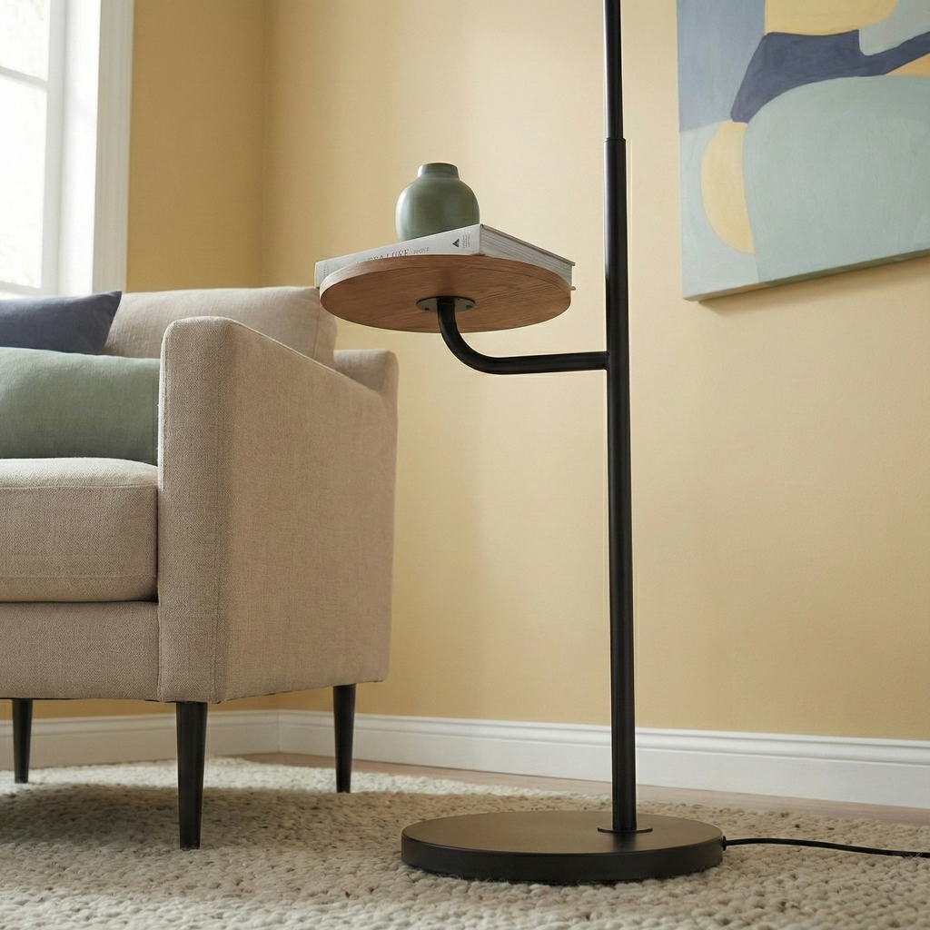 Seoul Black Floor Lamp with Rotary Switch Wood Table Metal Base