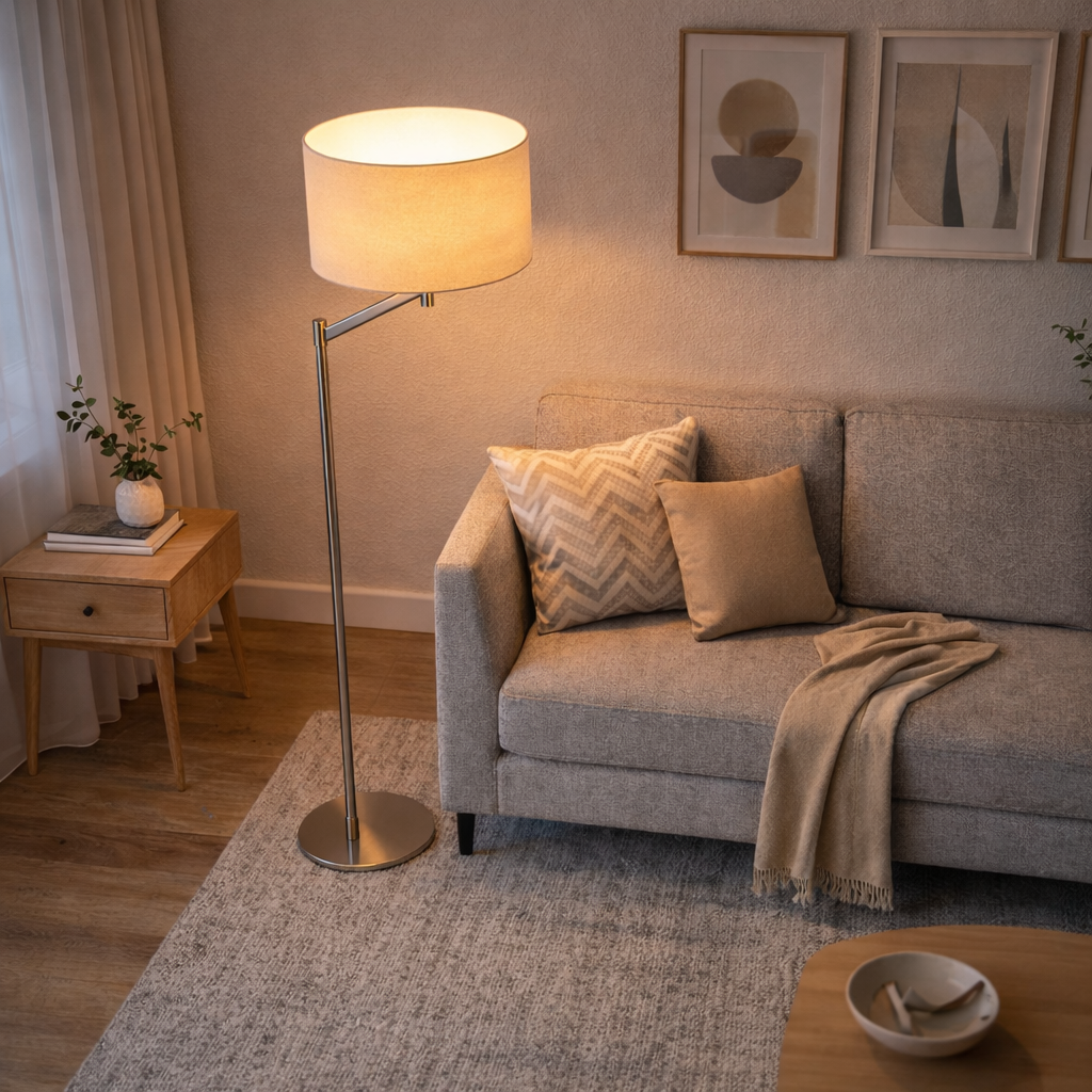Serene Brushed Nickel Floor Lamp with Rotary Switch Metal Base White Linen Shade