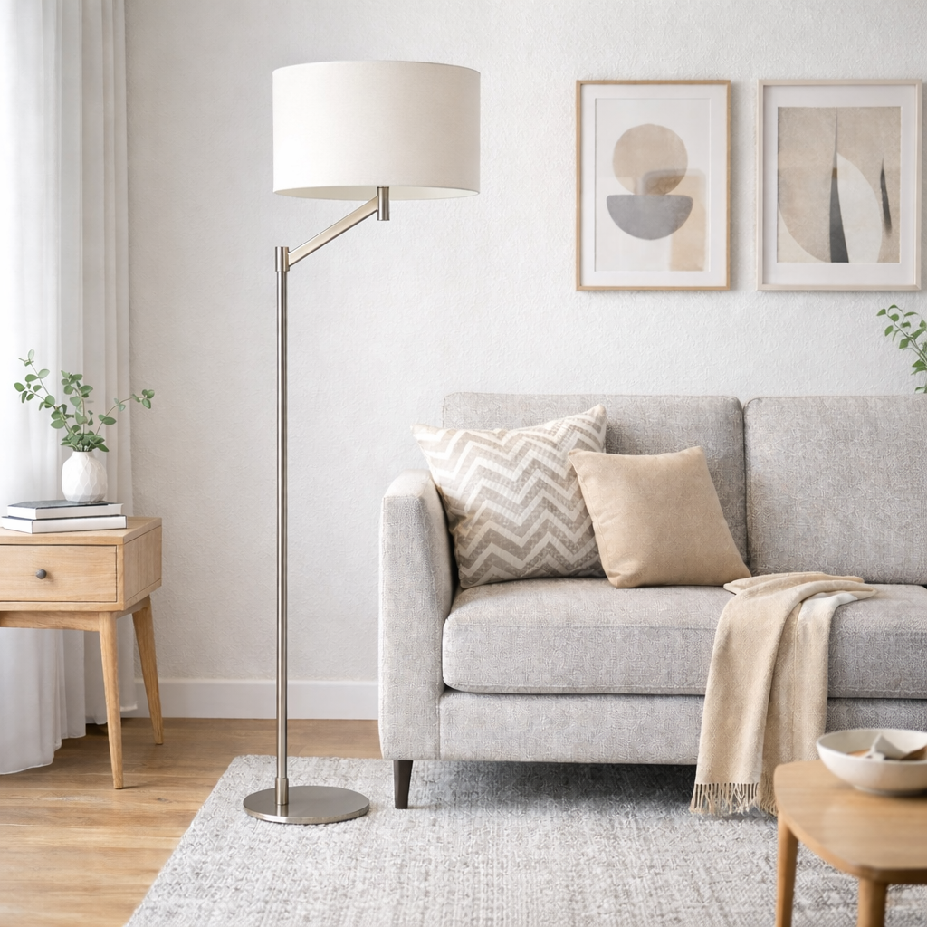 Serene Brushed Nickel Floor Lamp with Rotary Switch Metal Base White Linen Shade