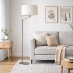 Serene Brushed Nickel Floor Lamp with Rotary Switch Metal Base White Linen Shade