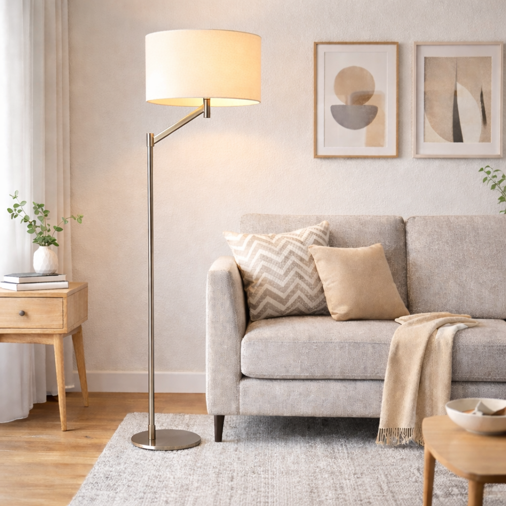 Serene Brushed Nickel Floor Lamp with Rotary Switch Metal Base White Linen Shade