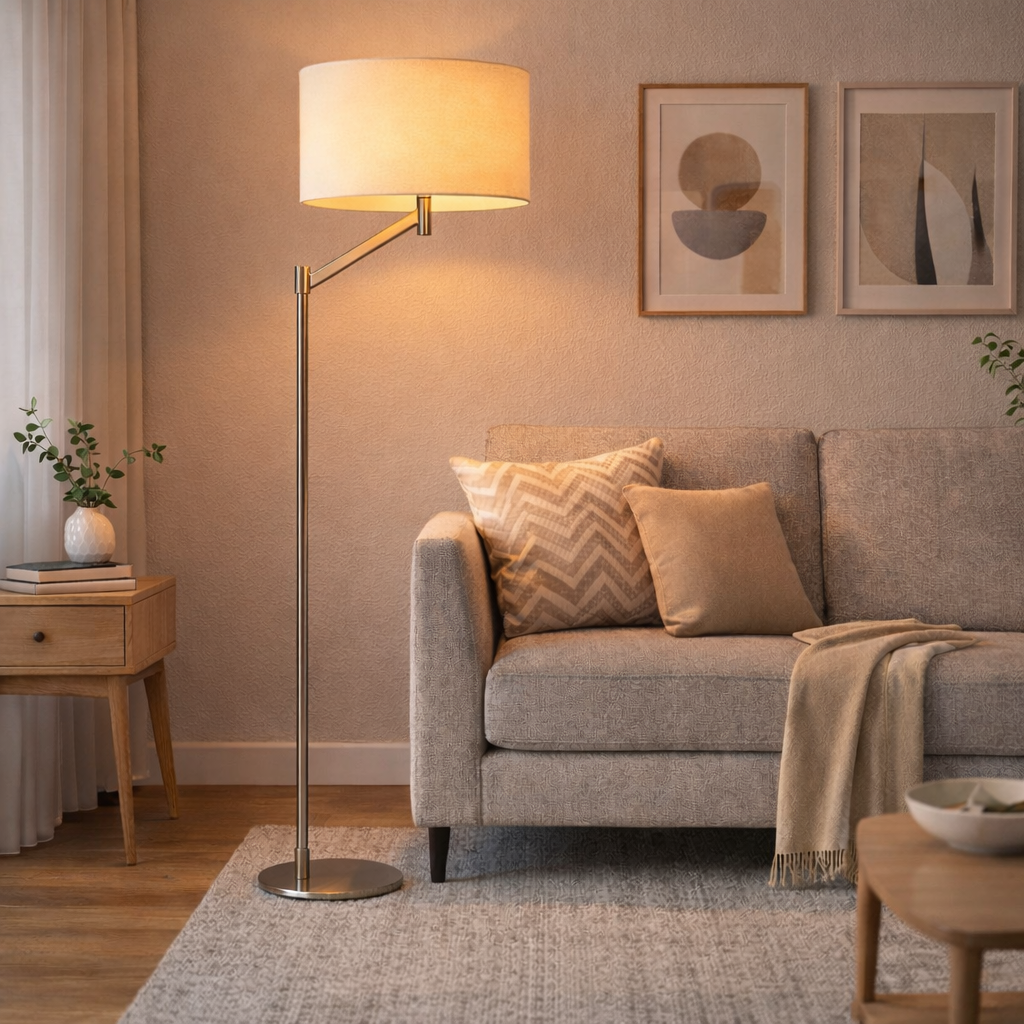 Serene Brushed Nickel Floor Lamp with Rotary Switch Metal Base White Linen Shade