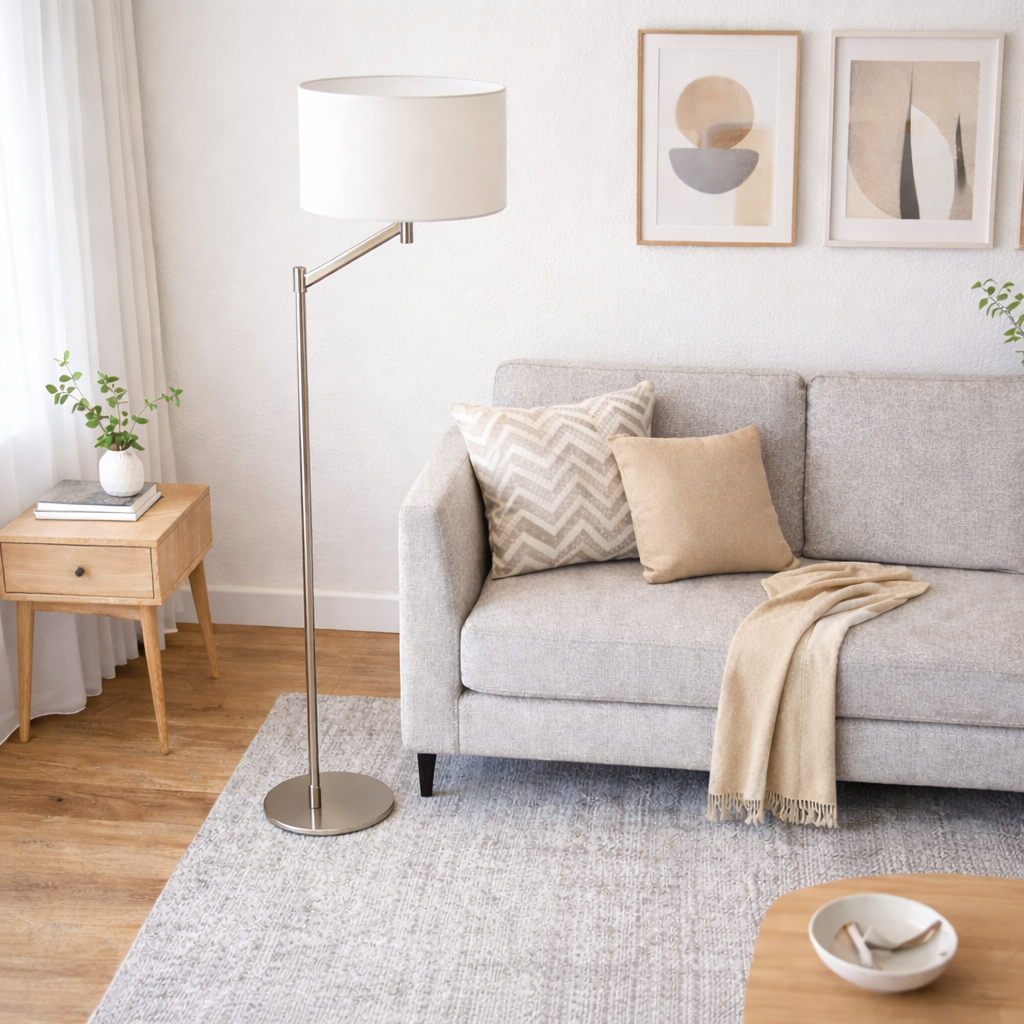 Serene Brushed Nickel Floor Lamp with Rotary Switch Metal Base White Linen Shade