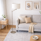 Serene Brushed Nickel Floor Lamp with Rotary Switch Metal Base White Linen Shade