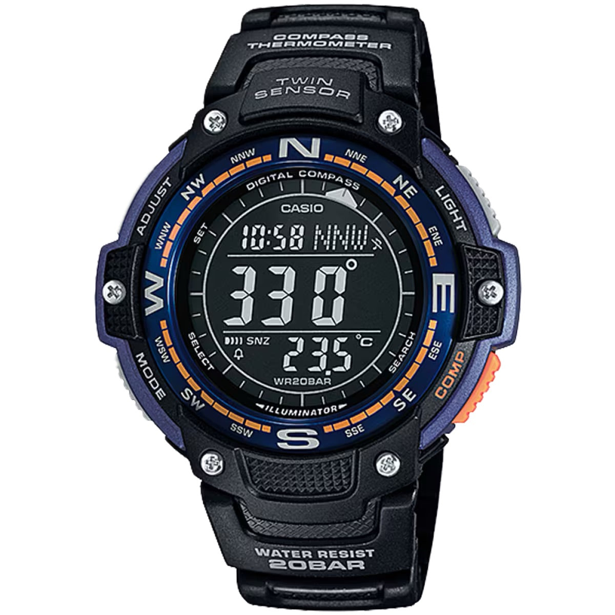 Casio Men's Outdoor Digital Compass Watch with Blue and Orange Accents - SGW-100-2B