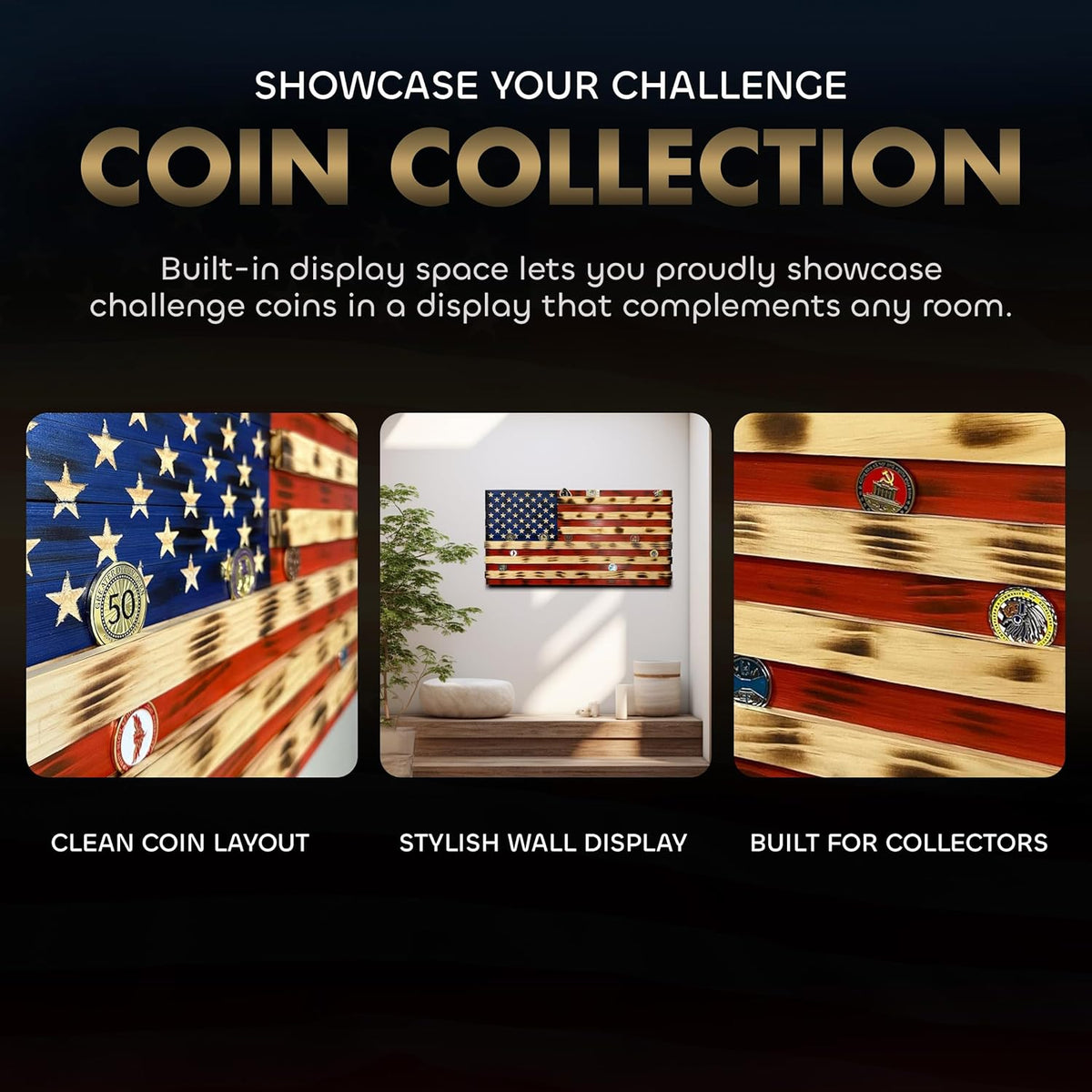American Flag Challenge Coin Display with Hidden Gun Storage – Holds 100 Coins
