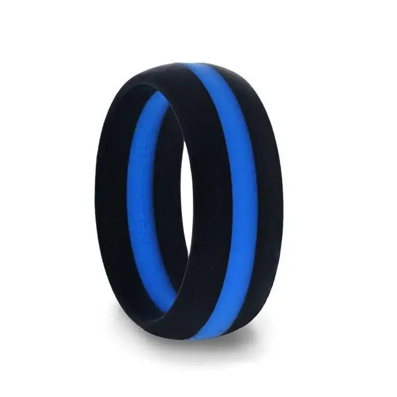 ZOLAN Matte Black Men's Silicone Ring ring With Vibrant Blue Colored Inlay - 8mm