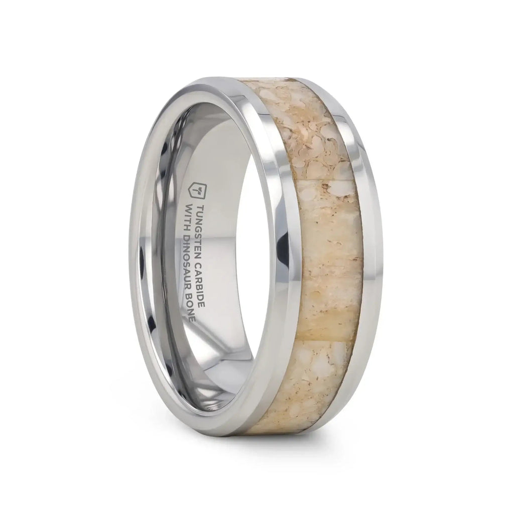 MESOZOIC Men’s Tungsten Flat Beveled Wedding Ring with White Dinosaur Bone Inlay - 4mm or 8mm