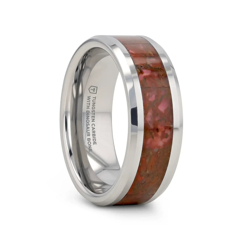 JURASSIC Red Dinosaur Bone Inlaid Tungsten Carbide Beveled Edged Ring - 4mm & 8mm