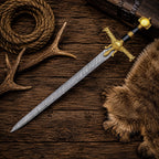 Sigil Sovereign Knight Sword – Damascus Blade Golden Crossguard Medieval Display