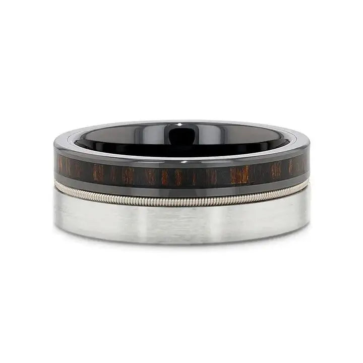 SLATE 8mm Tungsten & Black Ceramic Hybrid Ring with Steel Guitar String and Ebony Wood Inlay
