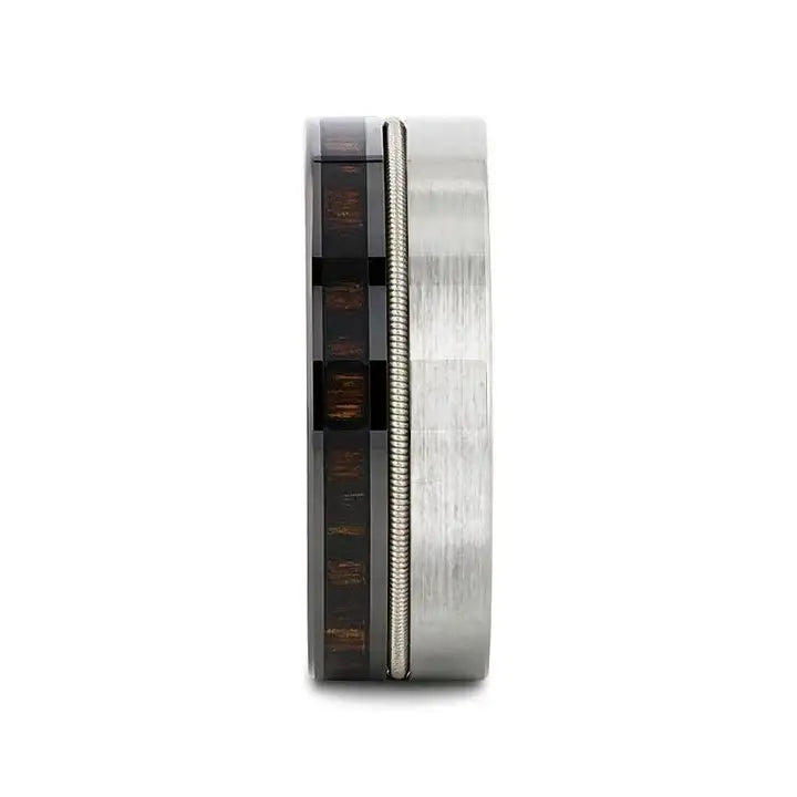 SLATE 8mm Tungsten & Black Ceramic Hybrid Ring with Steel Guitar String and Ebony Wood Inlay