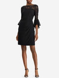 Ralph Lauren Women's Lace Pleated 3/4 Sleeve Boat Neck Above the Knee Sheath Cocktail Dress Black Size 12Petite