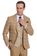 Slim Fit Checked Beige Men Suit - Wessi