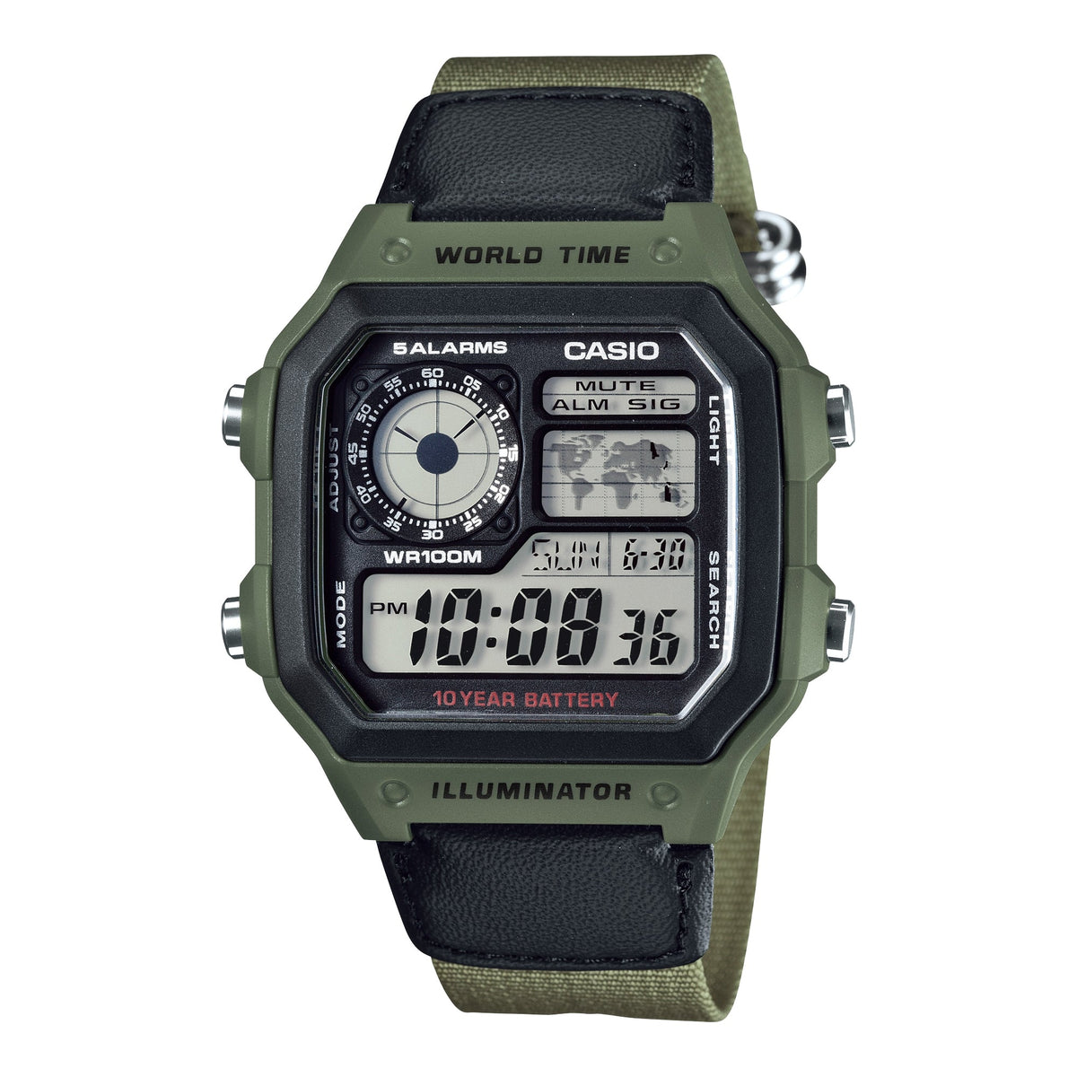 Casio Men’s Digital World Time Watch with Black Dial and Green Band - AE-1200WHB-3BV