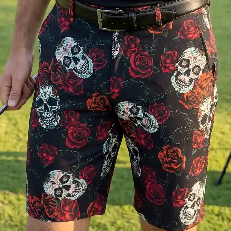 Sugar Skull Cool-Stretch Men's Golf Shorts (Black/Red)